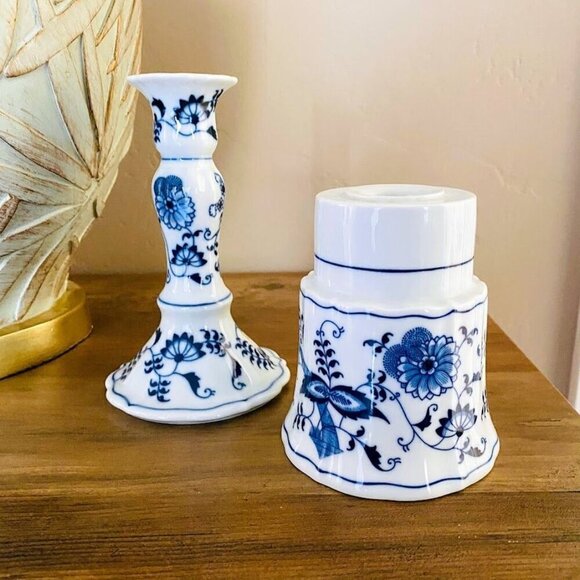 Blue Danube Candlestick Holders Set of 2 Blue and White - Picture 1 of 4